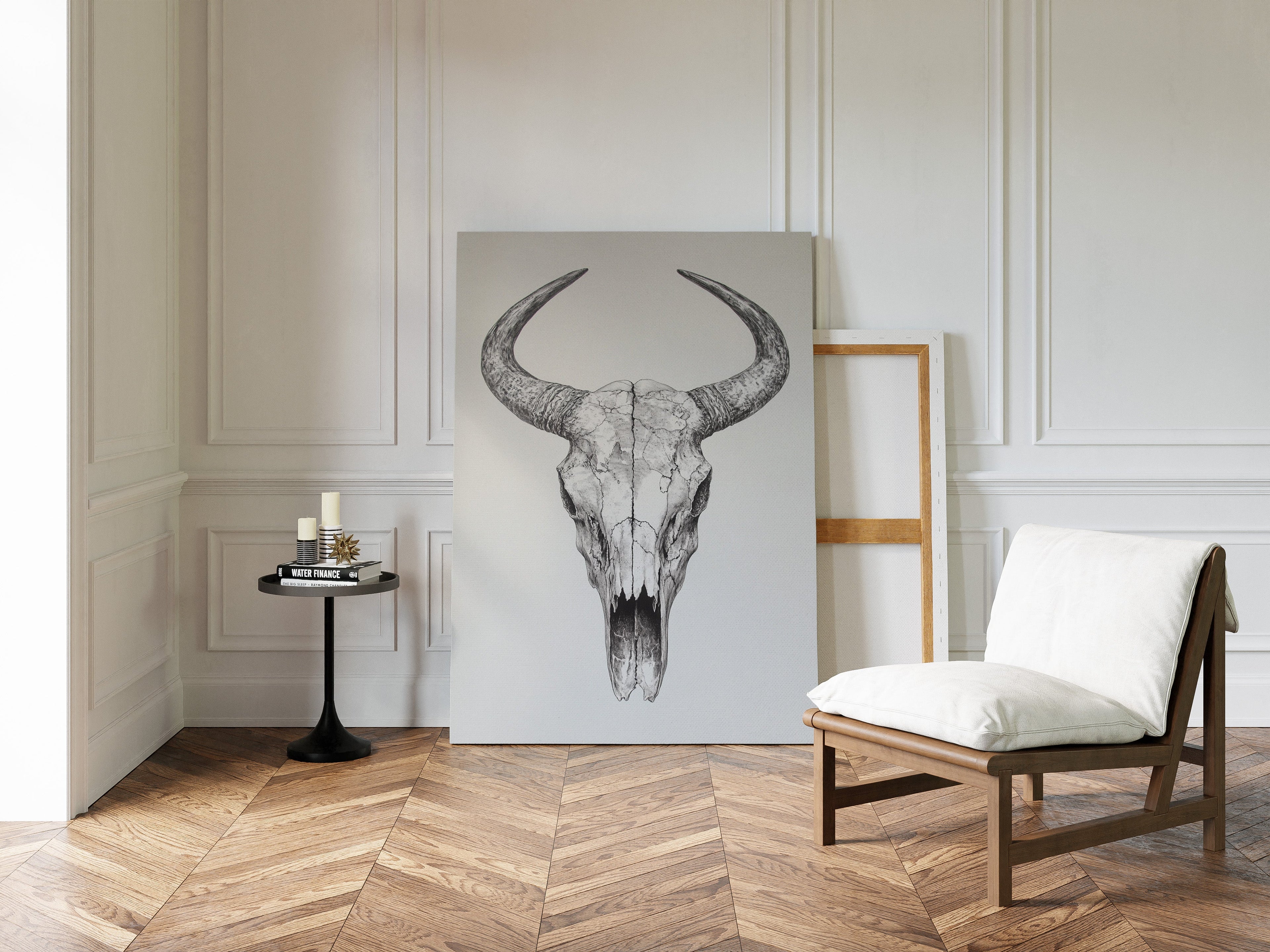Western Bull Skull Line Art Print – Rustic Cowboy Wall Decor