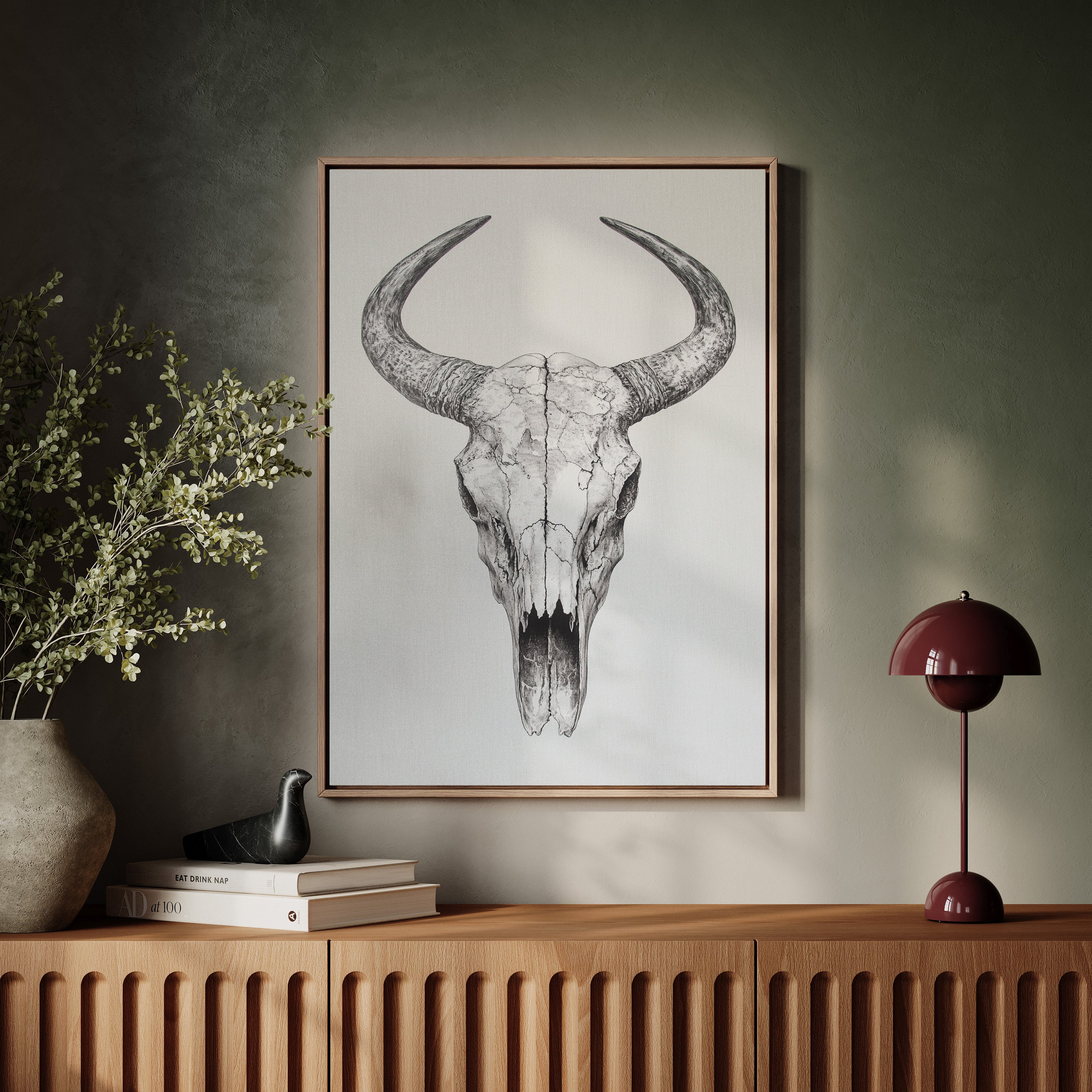 Western Bull Skull Line Art Print – Rustic Cowboy Wall Decor